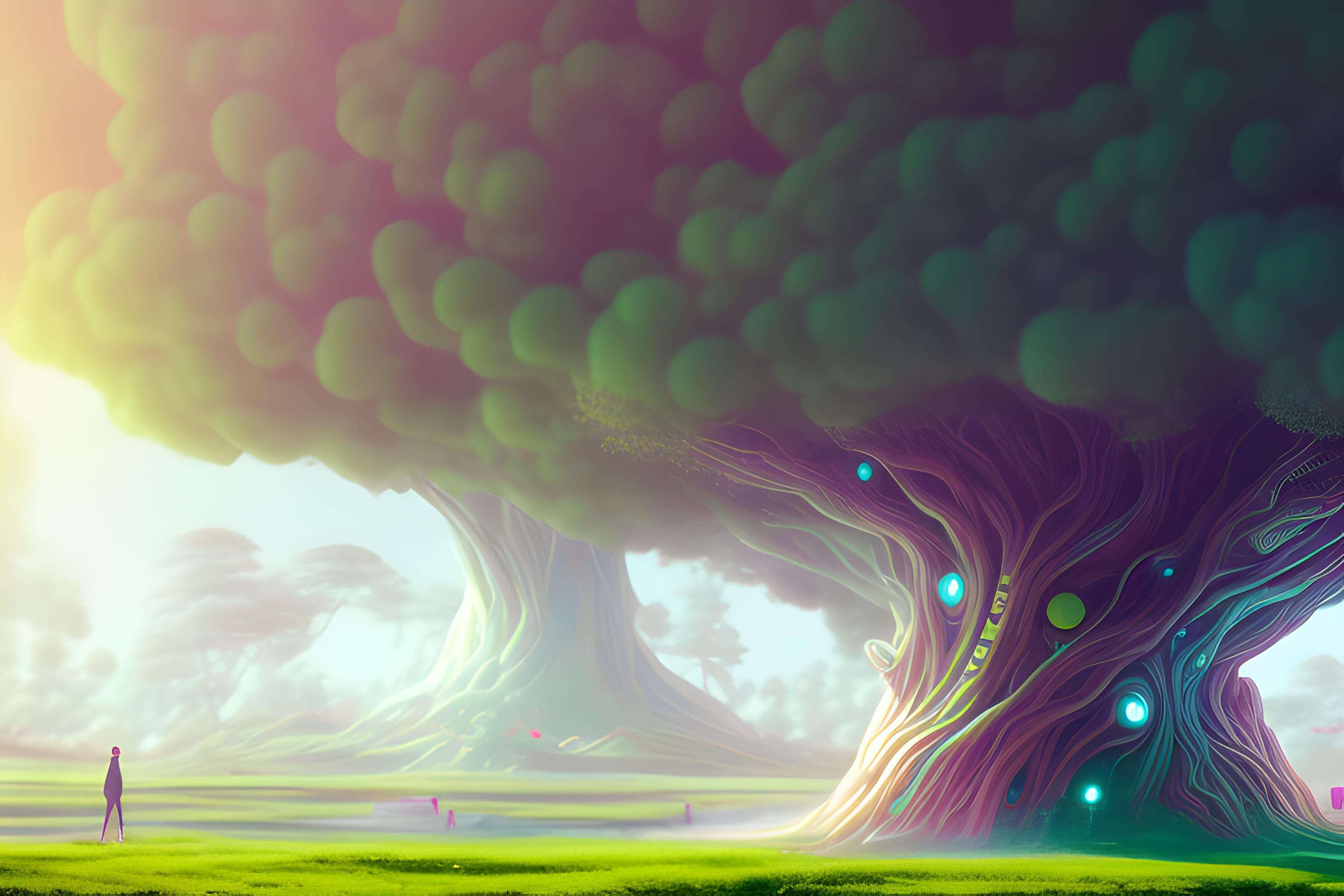 Un arbre monde multi-couleur dans un style futuriste solarpunk avec un homme, une femme et un robot…